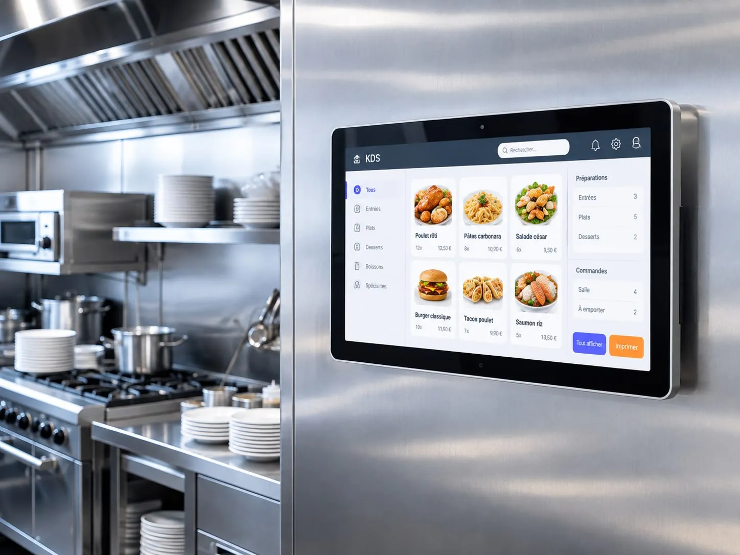 Écran de cuisine fixé sur une paroi inox